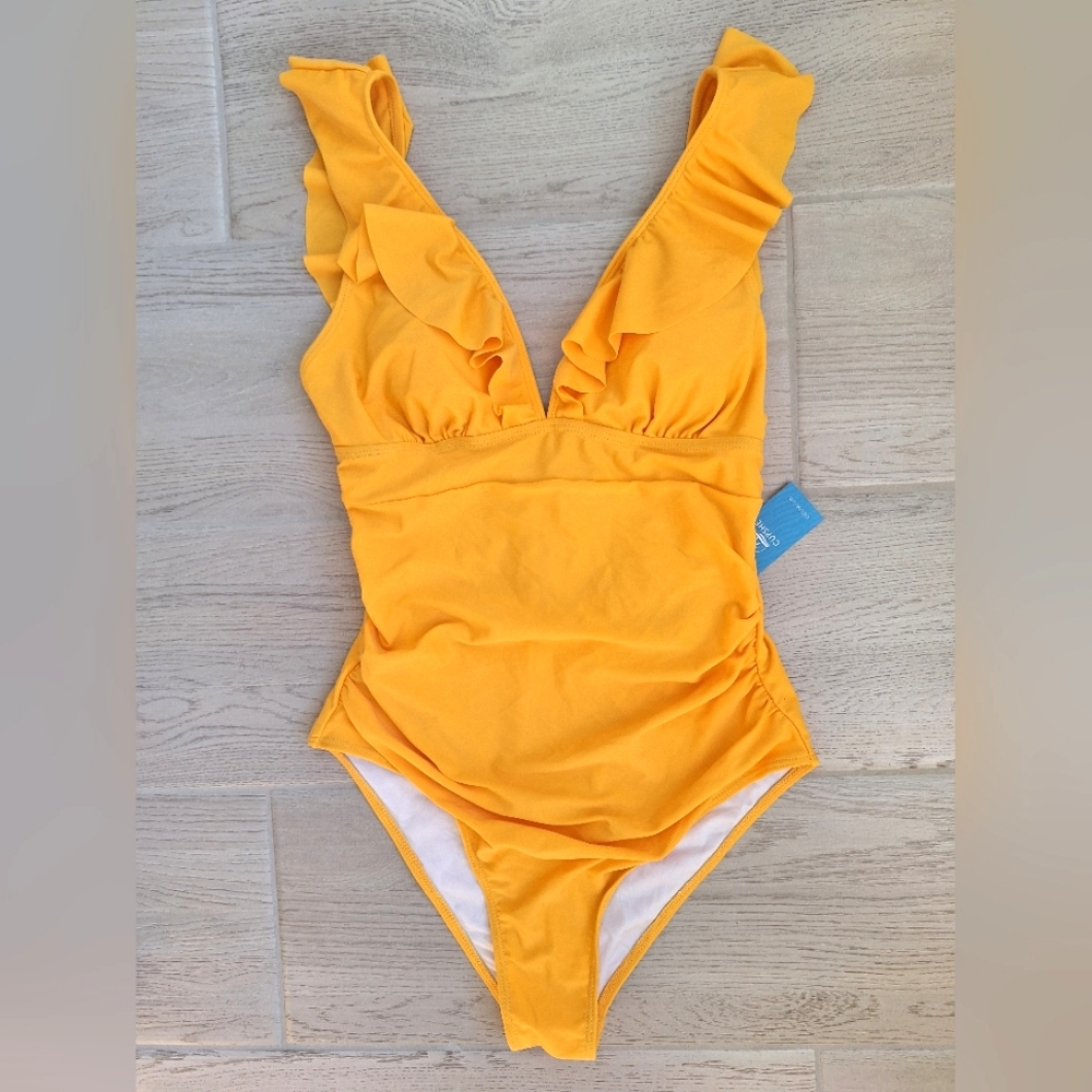 Cupshe women's bright yellow one-piece swimsuit with open tie back  size medium